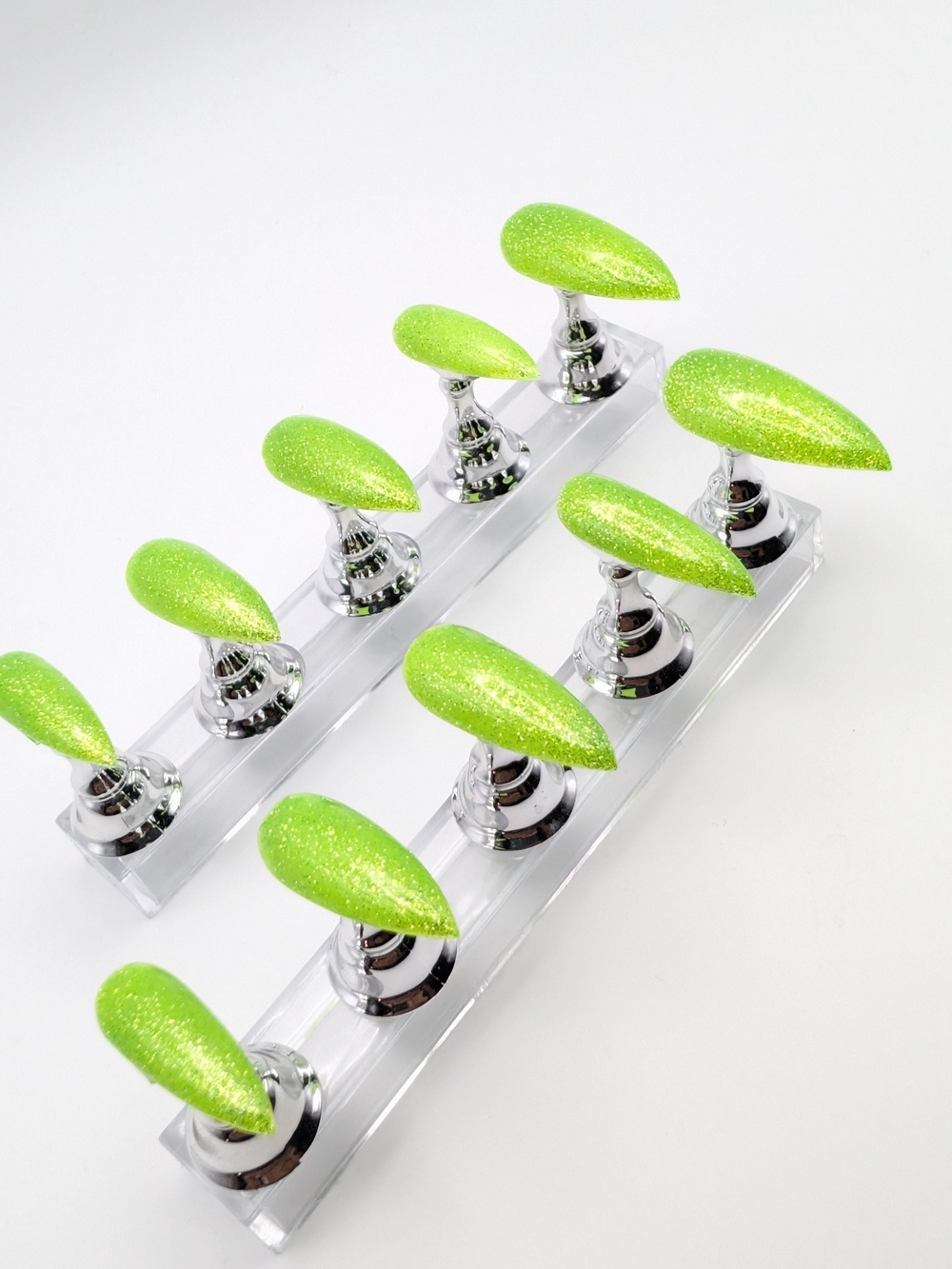 Handcrafted Lime Green Glitter Med. Stiletto Press-On Nails
